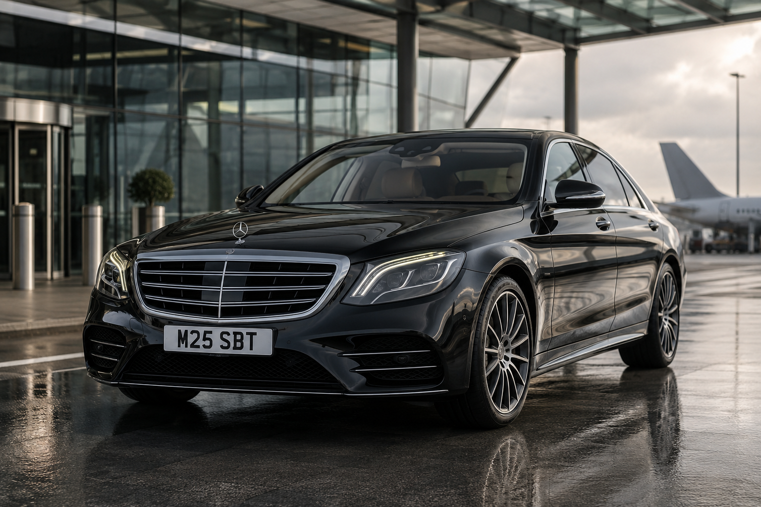 Luxury Aberdeen Airport transfer with Mercedes-Benz S-Class chauffeur, executive pickup, corporate travel, and UK chauffeur hire.