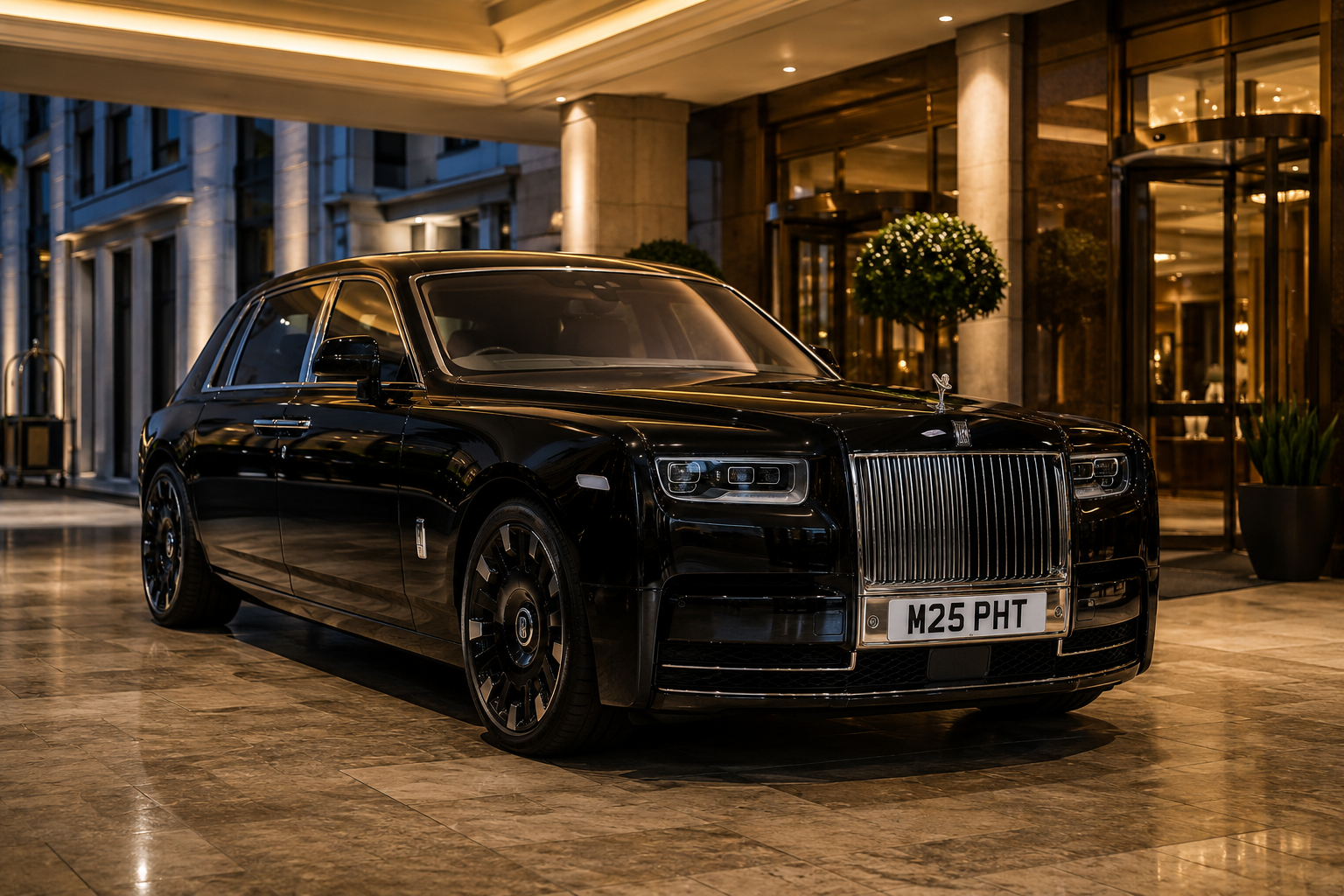 Black Rolls-Royce parked in a hotel lobby with a polished marble floor and warm ambient lighting.