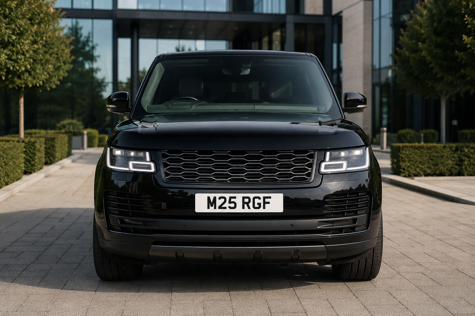 Front view of a glossy black SUV facing the camera, with a honeycomb grille and LED headlights, license plate M25 RGF, in an urban driveway.