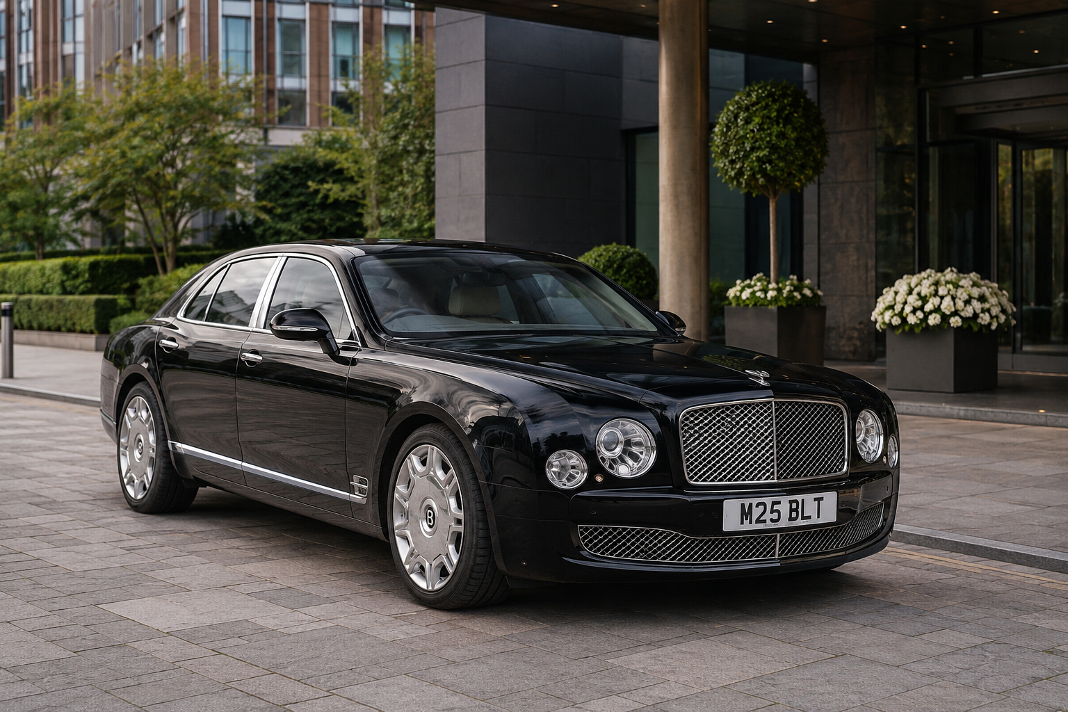 Black Bentley sedan parked on a stone-paved driveway in front of a modern office building with glass doors and greenery.
