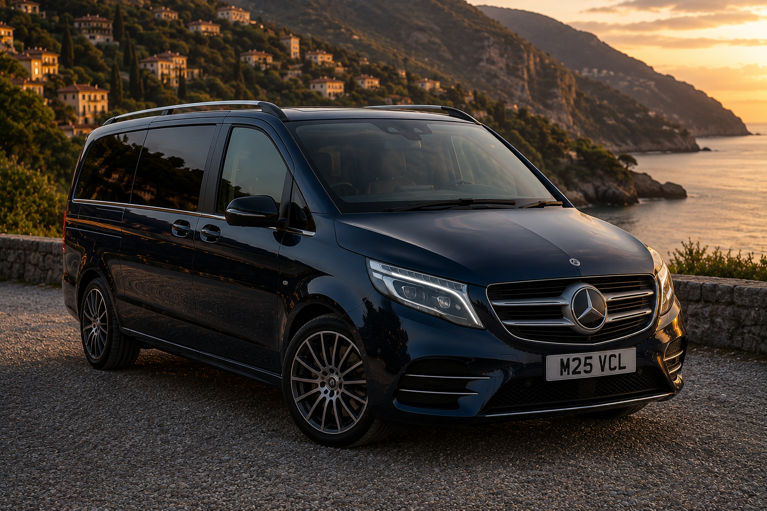 in Thetford M25 Chauffeurs Ltd Professional Chauffeur Service United Kingdom Blue Mercedes-Benz minivan parked on a coastal road at sunset with hillside houses in the background